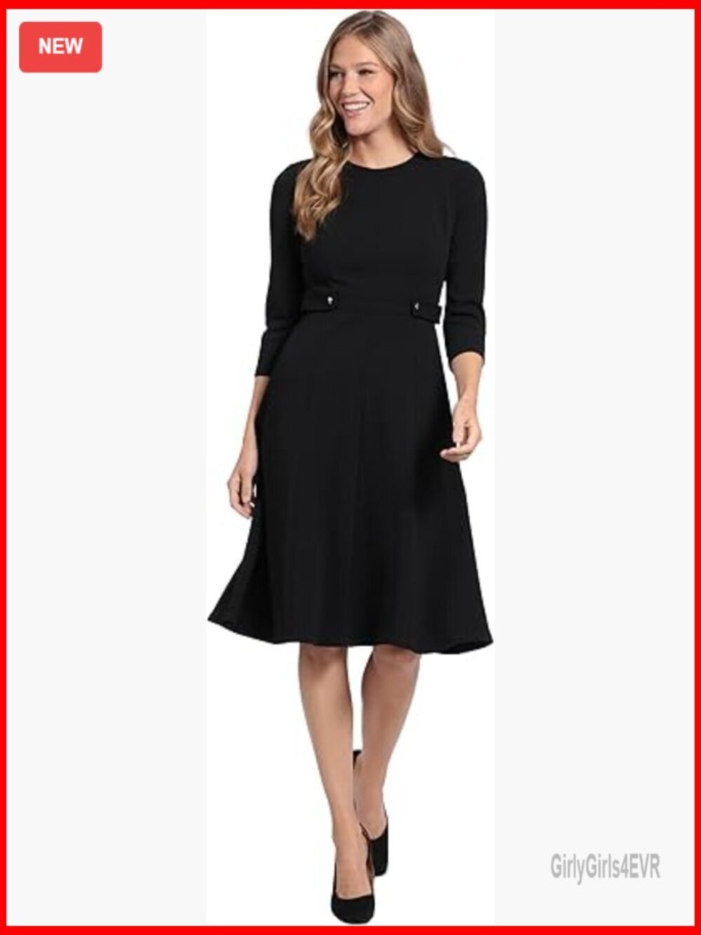 Fit & Flare Midi Dress with Waist Button Detail, Scuba Crepe, 3/4 Sleeves,